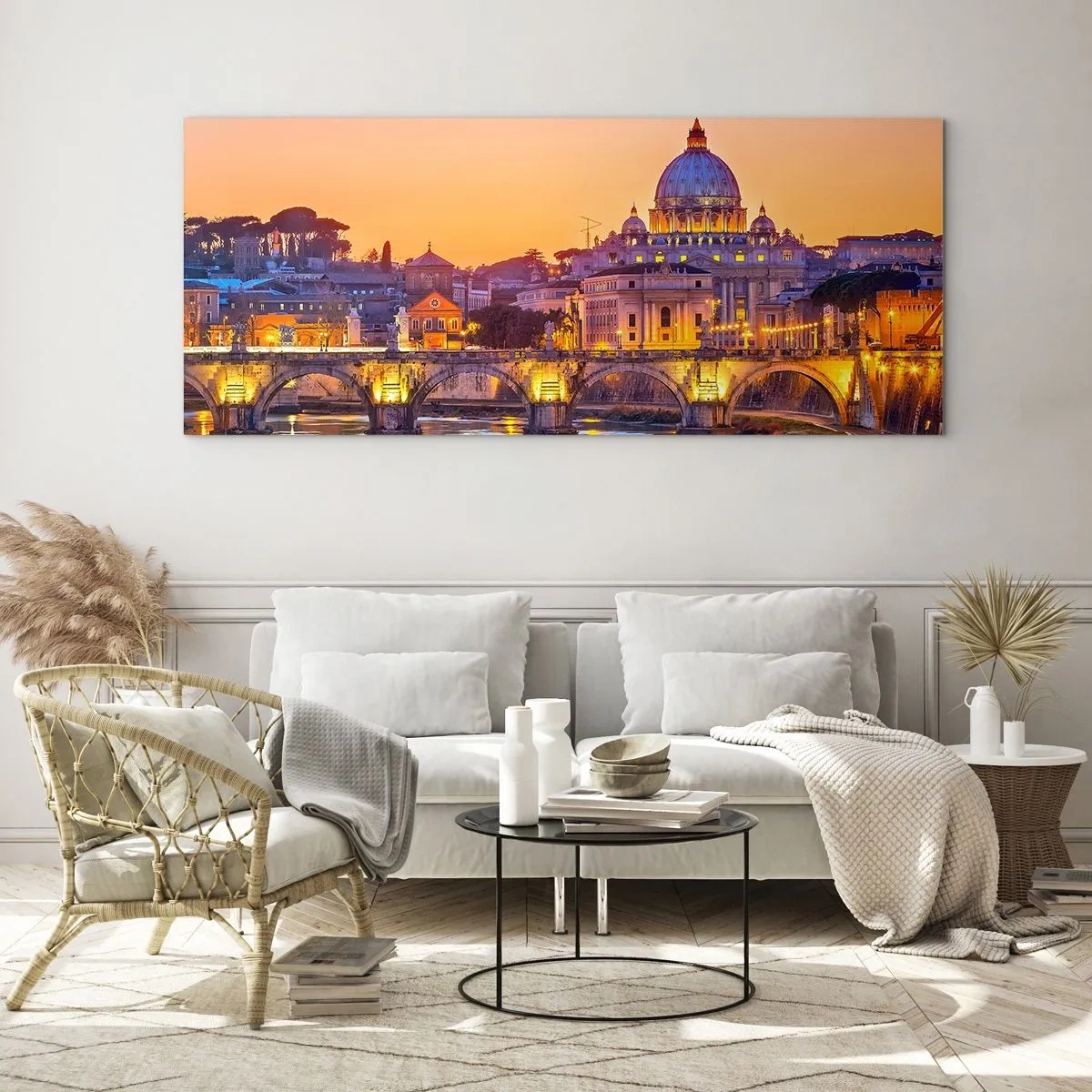 Glasbild - Bild auf glas - Panorama des Vatikans bei Sonnenuntergang mit einer Brücke über den Fluss - 160x50cm - Sonnenuntergang über der ewigen Stadt - Moderne Wanddekoration für Wohnzimmer und Schlafzimmer ARTTOR