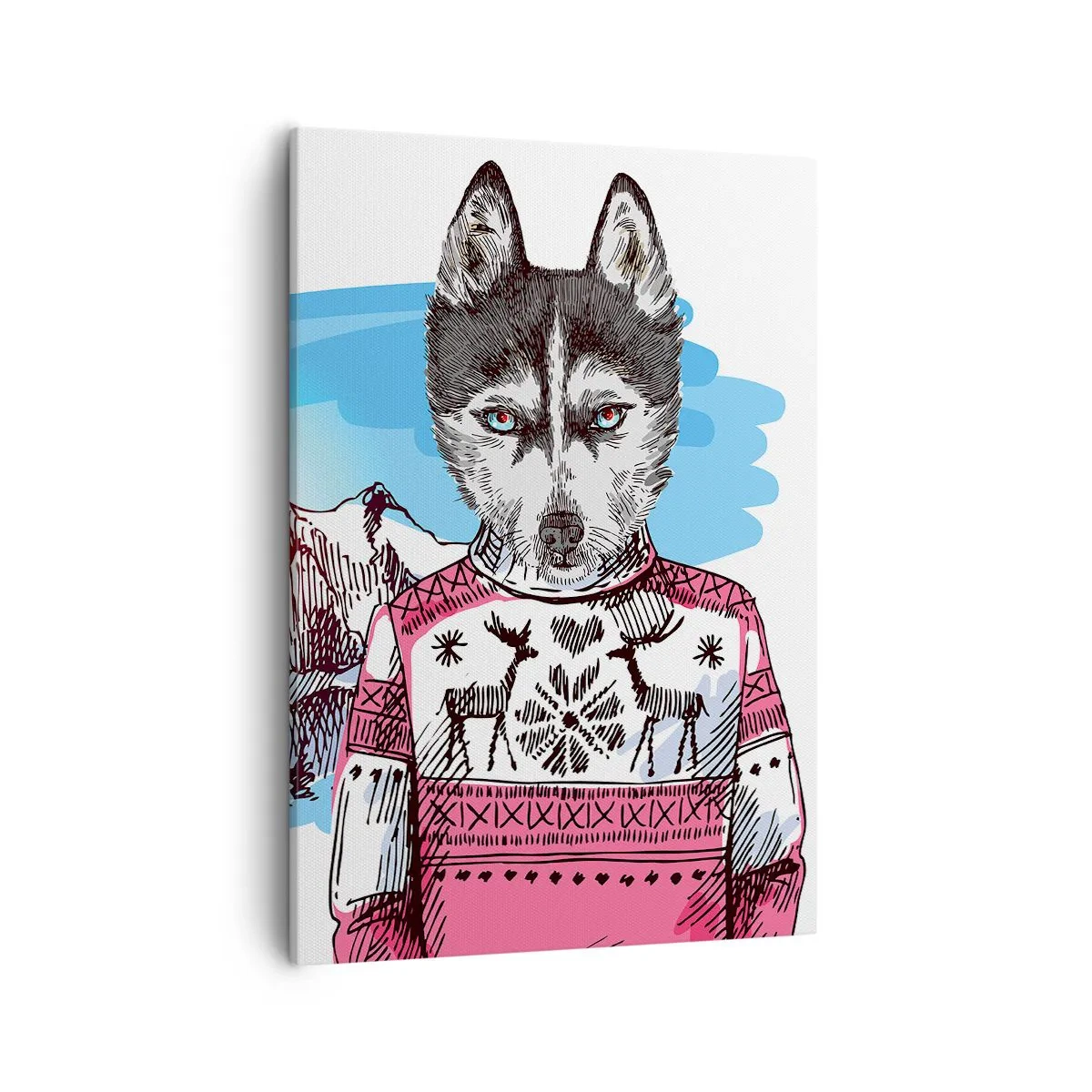 Bild auf Leinwand - Leinwandbild - Ein Wolf im Winterpullover vor einer Berglandschaft - 50x70cm - Ein Wolf in Schafwolle - Moderne Wanddekoration für Wohnzimmer und Schlafzimmer ARTTOR