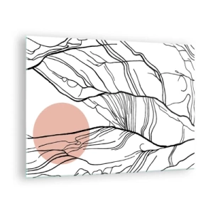 Glasbild - Bild auf glas - Schattige Zweiglinien mit beiger Sonne - 70x50cm - In einem Netz aus Zweigen - Moderne Wanddekoration für Wohnzimmer und Schlafzimmer ARTTOR