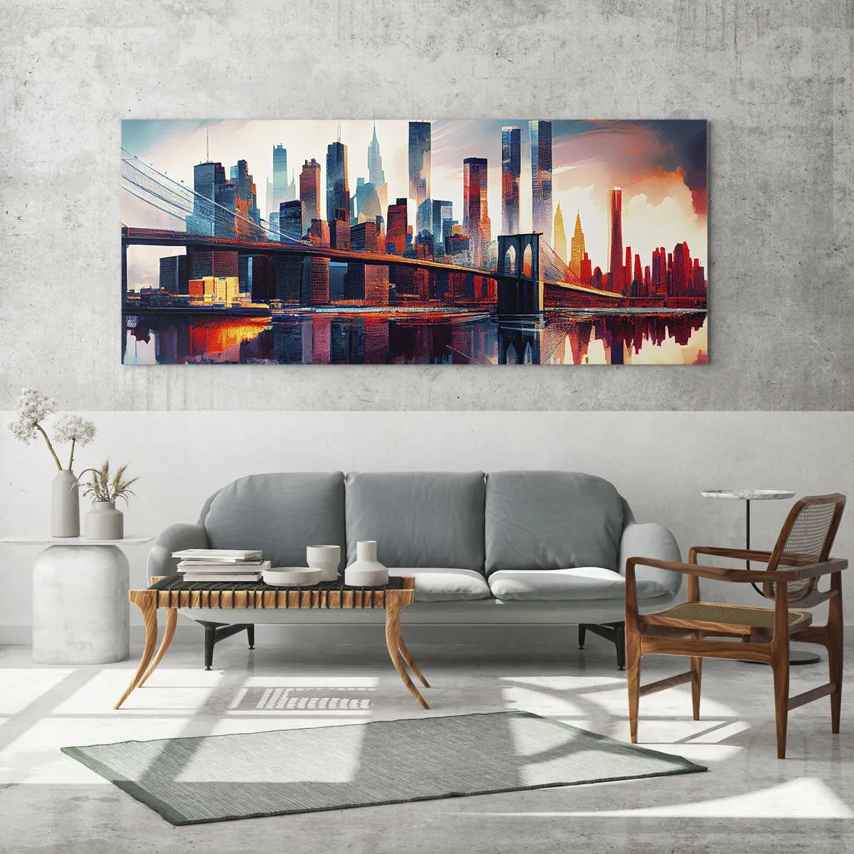 Glasbild - Bild auf glas - New York City Panorama mit Brücke und Spiegelung im Wasser - 120x50cm - Traumhaftes New York - Moderne Wanddekoration für Wohnzimmer und Schlafzimmer ARTTOR
