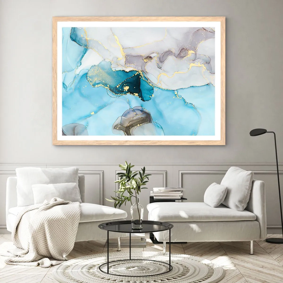 Poster in einem Rahmen aus heller Eiche - Eine Studie über das Zusammentreffen von Grau und Türkis - 91x61 cm