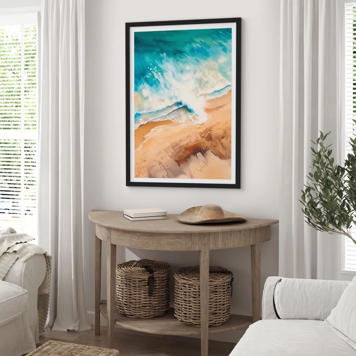 Poster in einem schwarzem Rahmen - Eine abstrakte Szene einer Welle, die in Türkis- und Sandtönen an die Küste bricht. - 50x70cm - Zurückkehrende Welle - Moderne Wanddekoration für Wohnzimmer und Schlafzimmer ARTTOR