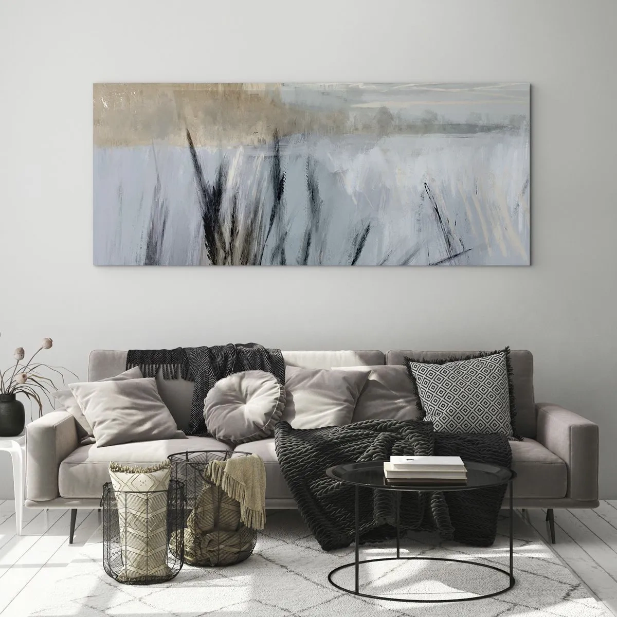 Glasbild - Bild auf glas - Eine malerische Winterlandschaft mit Feldern und Gräsern - 140x50cm - Winterfelder - Moderne Wanddekoration für Wohnzimmer und Schlafzimmer ARTTOR