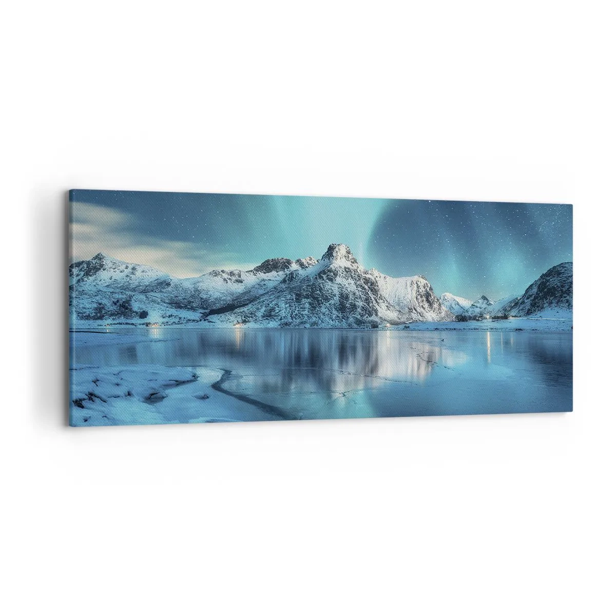 Bild auf Leinwand - Leinwandbild - Aurora Borealis über schneebedeckten Bergen und einem See - 120x50cm - Lichtnacht - Moderne Wanddekoration für Wohnzimmer und Schlafzimmer ARTTOR