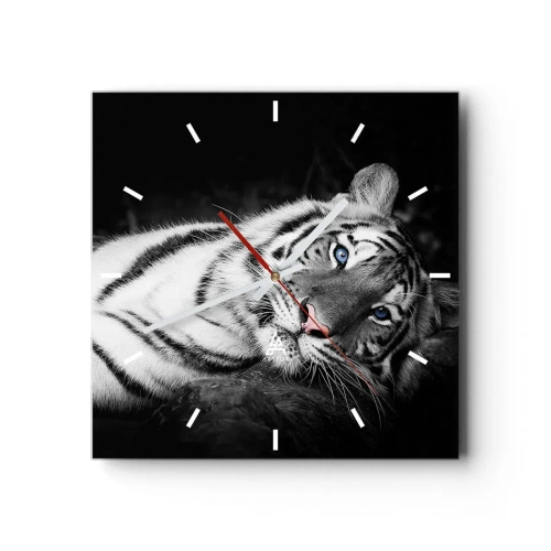 Wanduhr - Glasuhr - Ein künstlerisch gestalteter weißer Tiger vor schwarzem Hintergrund - 30x30cm - Wildnis und Frieden - Moderne Wanddekoration für Wohnzimmer und Schlafzimmer ARTTOR