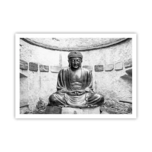 Poster - Schwarz-weiße Buddha-Statue in meditativer Pose - 100x70cm - An der Quelle des Friedens - Moderne Wanddekoration für Wohnzimmer und Schlafzimmer ARTTOR