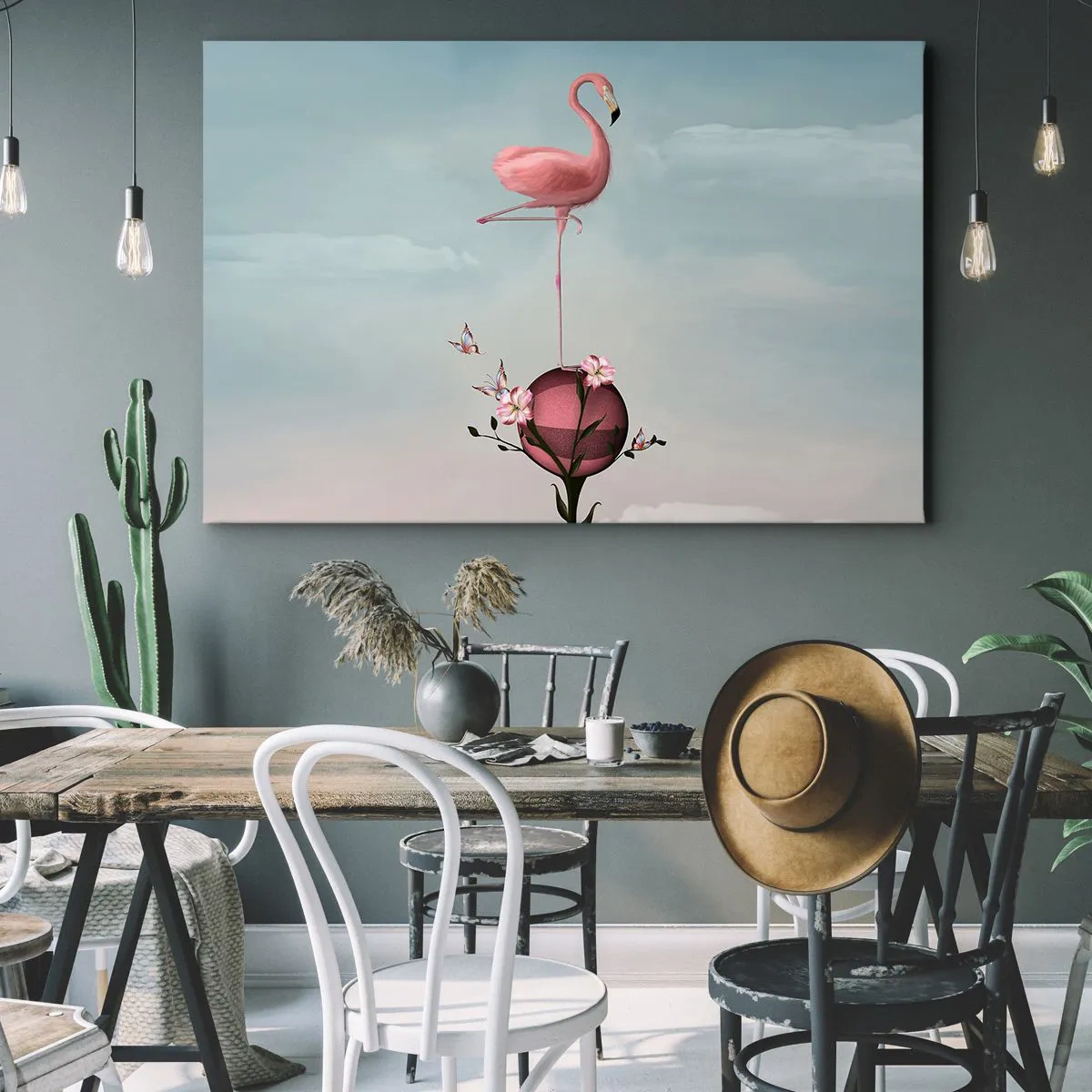 Bild auf Leinwand - Leinwandbild - Ein rosa Flamingo balanciert auf einem Blumenball - 100x70cm - Basketball-Allegorie - Moderne Wanddekoration für Wohnzimmer und Schlafzimmer ARTTOR