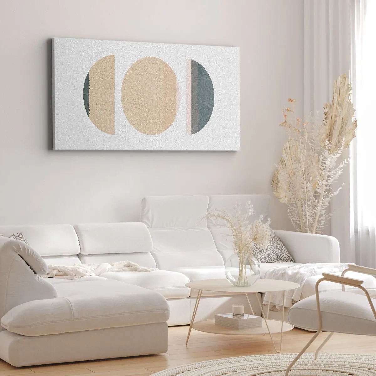 Bild auf Leinwand - Leinwandbild - Abstrakte geometrische Formen in Pastellfarben - 140x50cm - Ein Rad hinter dem anderen… - Moderne Wanddekoration für Wohnzimmer und Schlafzimmer ARTTOR