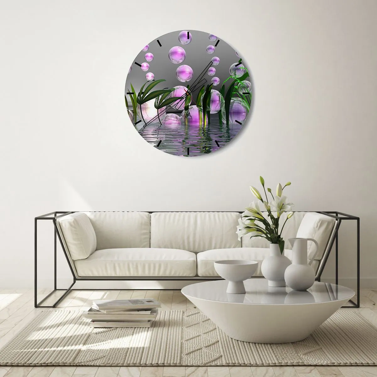 Wanduhr - Glasuhr - Abstrakte Blasen im Wasser mit grünen Pflanzen - 30x30cm - Eine reflektierende Komposition aus Leichtigkeit und Leben - Moderne Wanddekoration für Wohnzimmer, Küche und Schlafzimmer ARTTOR