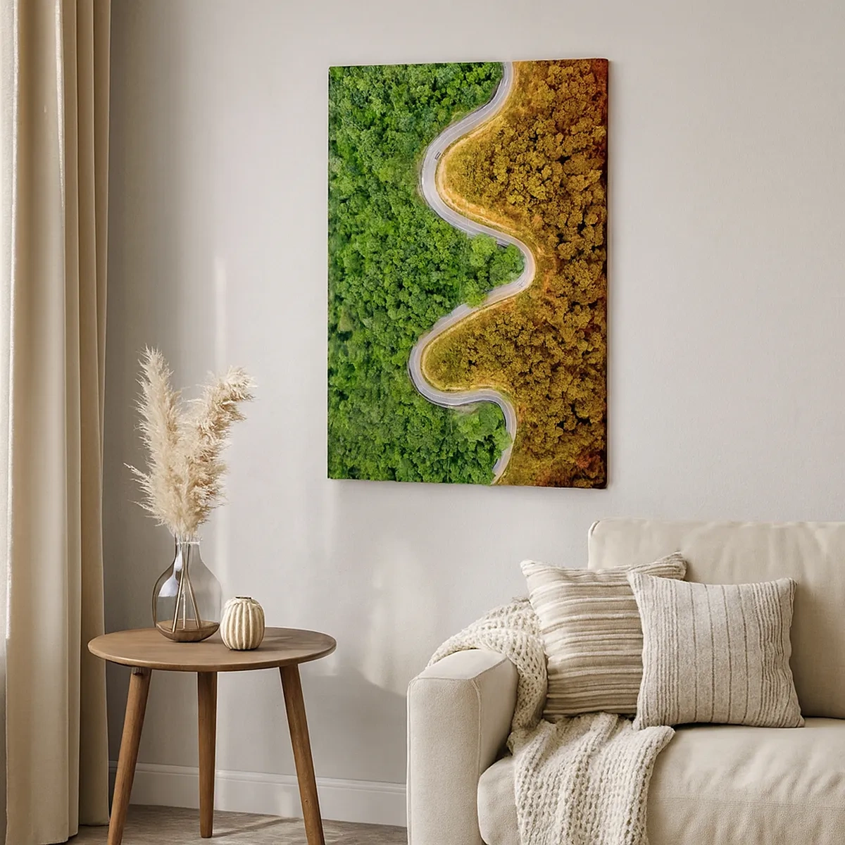 Bild auf Leinwand - Leinwandbild - Eine kurvenreiche Straße durch den Wald aus der Vogelperspektive gesehen - 50x70cm - Grenzen und Durchbrüche - Moderne Wanddekoration für Wohnzimmer und Schlafzimmer ARTTOR