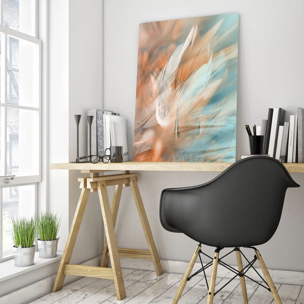 Glasbild - Bild auf glas - Zarte Federn in Pastelltönen von Blau und Orange - 80x120cm - Im Land der Sanftmut - Moderne Wanddekoration für Wohnzimmer und Schlafzimmer ARTTOR