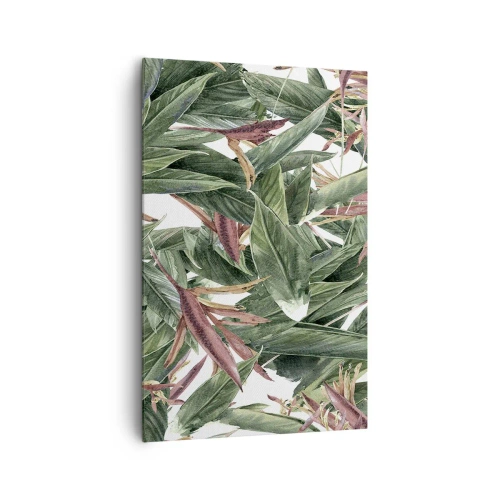 Bild auf Leinwand - Leinwandbild - Ein dekoratives Blattmotiv in Grün- und Burgundertönen auf hellem Hintergrund - 80x120cm - Smaragd-lila Dickicht - Moderne Wanddekoration für Wohnzimmer und Schlafzimmer ARTTOR
