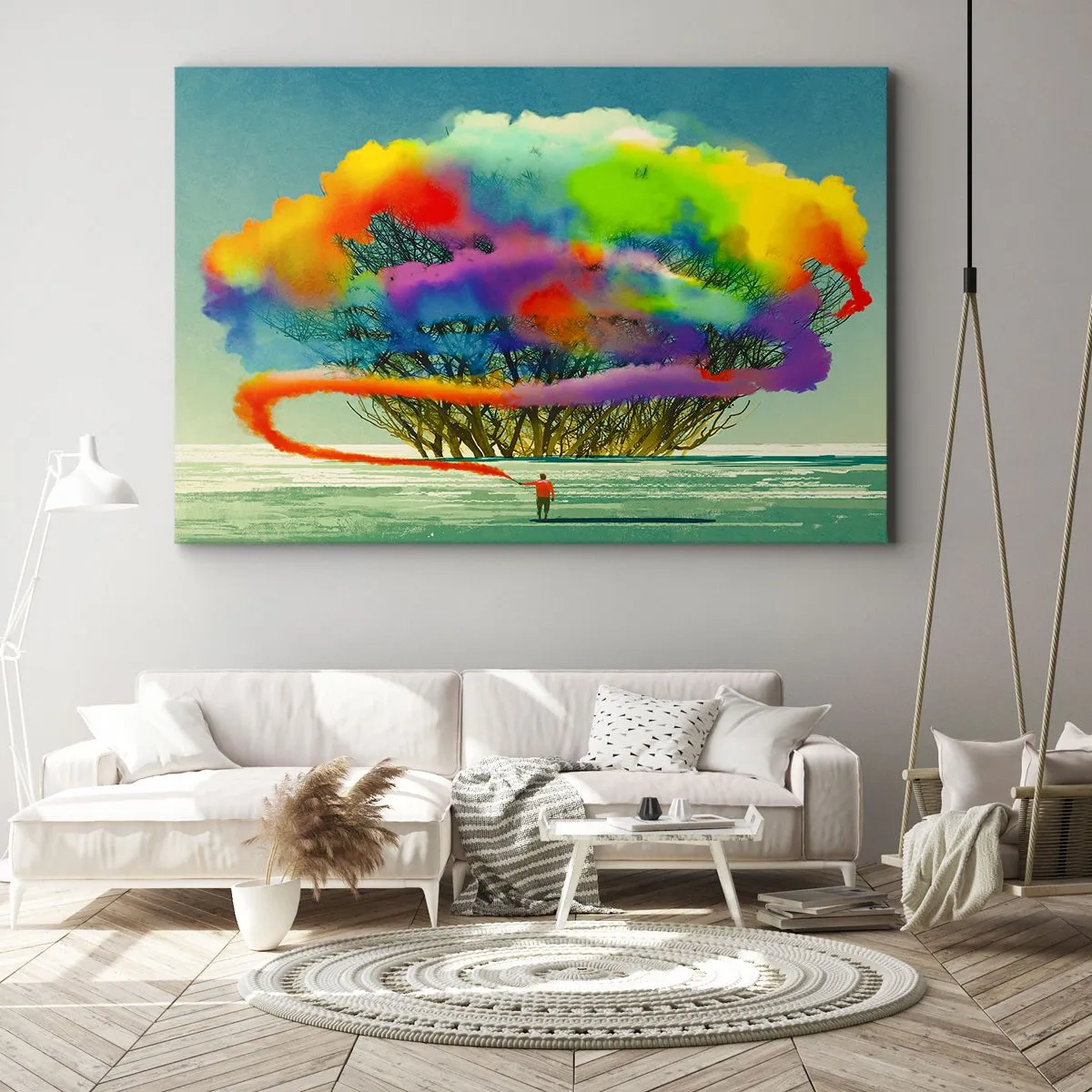 Bild auf Leinwand - Leinwandbild - Eine Figur mit farbigem Rauch im Hintergrund eines Baumes in der Wildnis - 70x50cm - Erwecke diese Welt zum Leben - Moderne Wanddekoration für Wohnzimmer und Schlafzimmer ARTTOR
