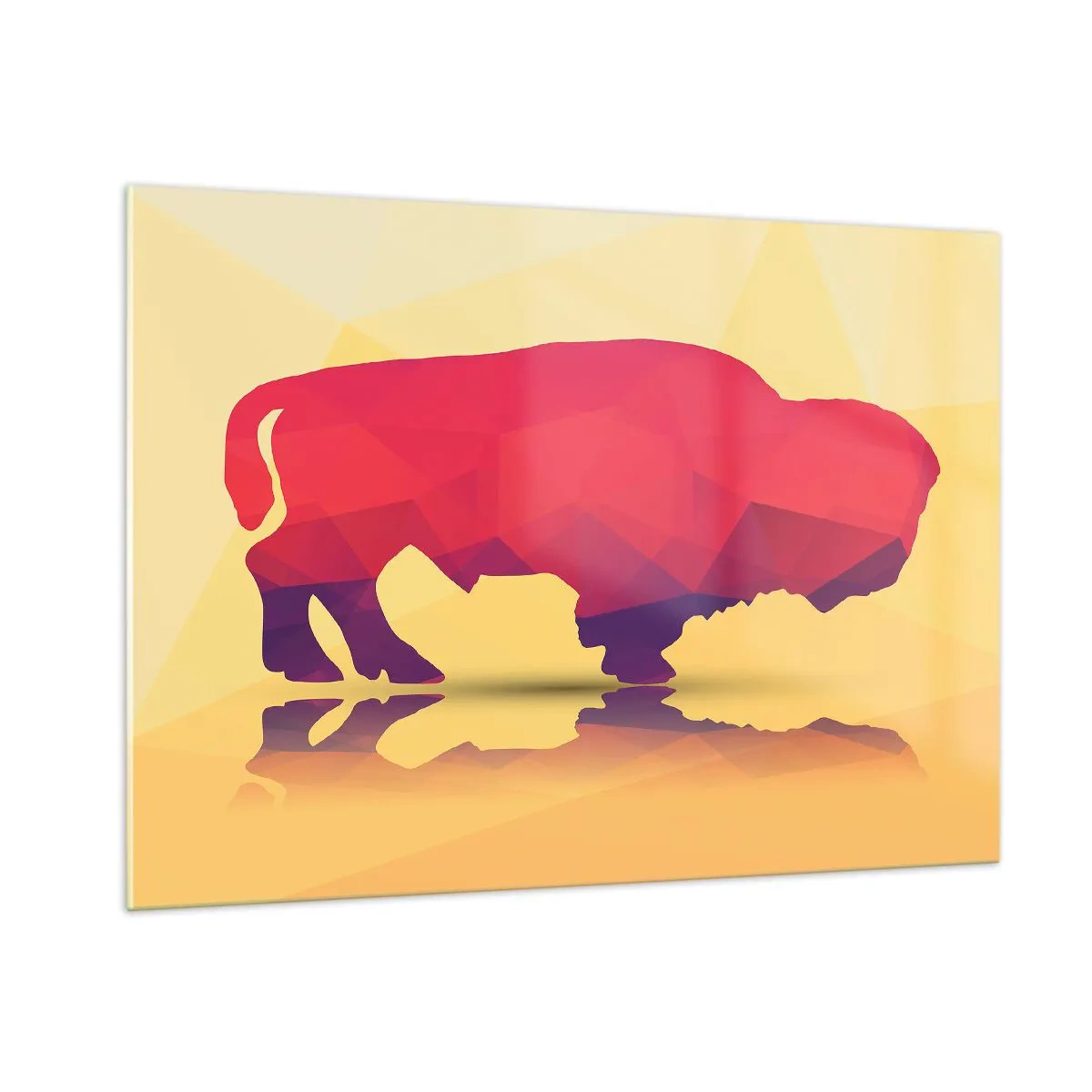 Glasbild - Bild auf glas - Geometrischer Bison in warmen Farben - 100x70cm - Die Amaranth-Stärke des Bisons - Moderne Wanddekoration für Wohnzimmer und Schlafzimmer ARTTOR