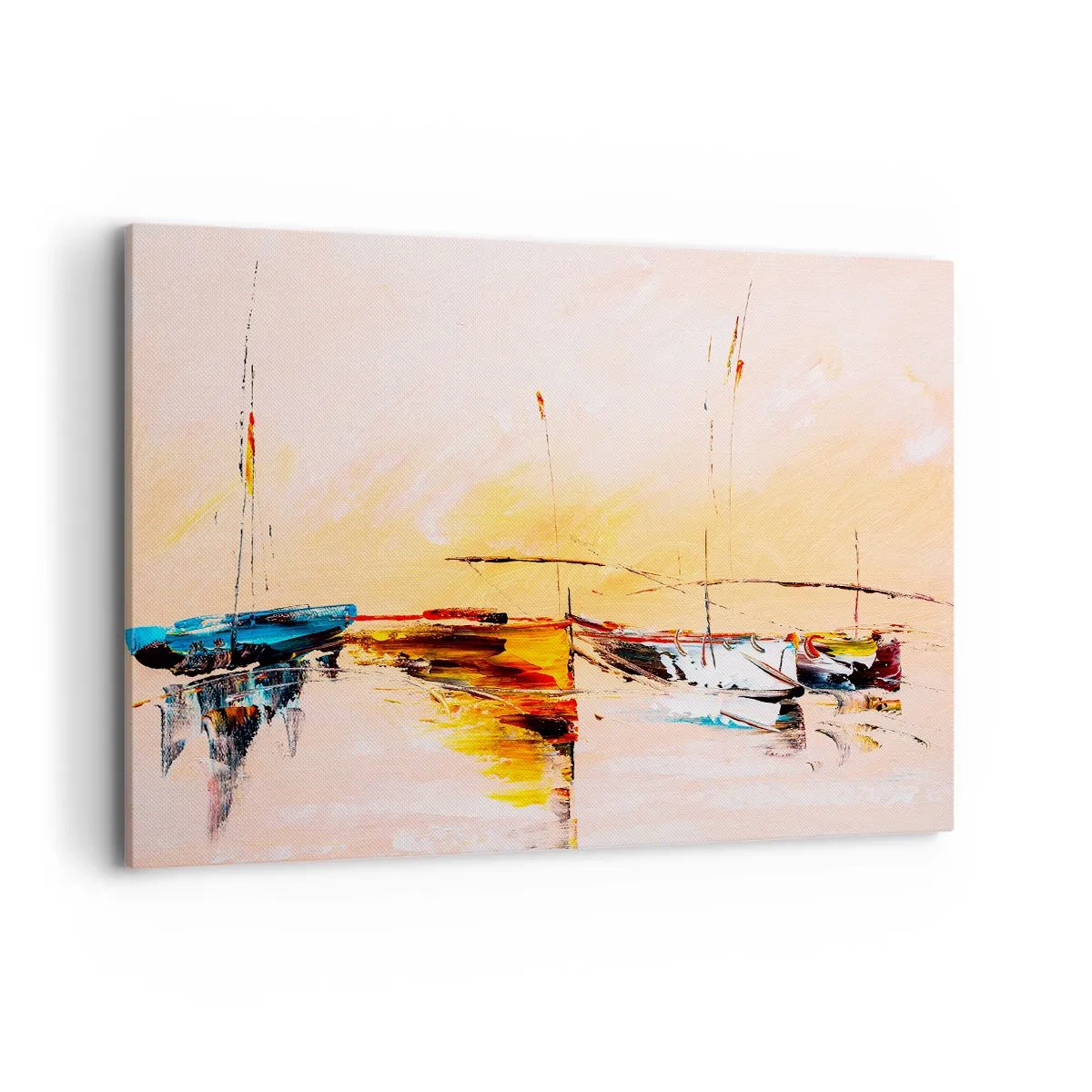 Bild auf Leinwand - Leinwandbild - Bunte Boote auf ruhigem Wasser bei Sonnenuntergang - 100x70cm - Abend im Yachthafen - Moderne Wanddekoration für Wohnzimmer und Schlafzimmer ARTTOR
