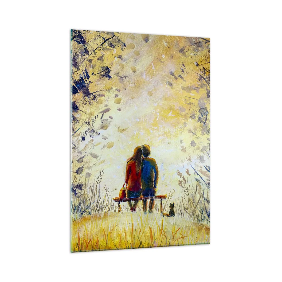 Glasbild - Bild auf glas - Ein Paar auf einer Bank in einem magischen Moment - 50x70cm - Magischer Augenblick - Moderne Wanddekoration für Wohnzimmer und Schlafzimmer ARTTOR