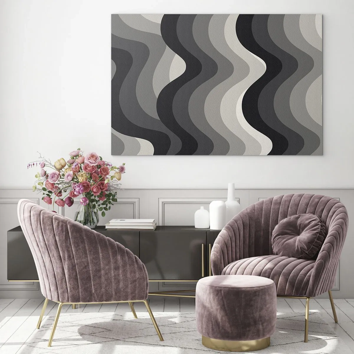 Glasbild - Bild auf glas - Wellen in Grautönen erzeugen ein rhythmisches, geometrisches Muster - 70x50cm - Eine Welle nach der anderen - Moderne Wanddekoration für Wohnzimmer und Schlafzimmer ARTTOR