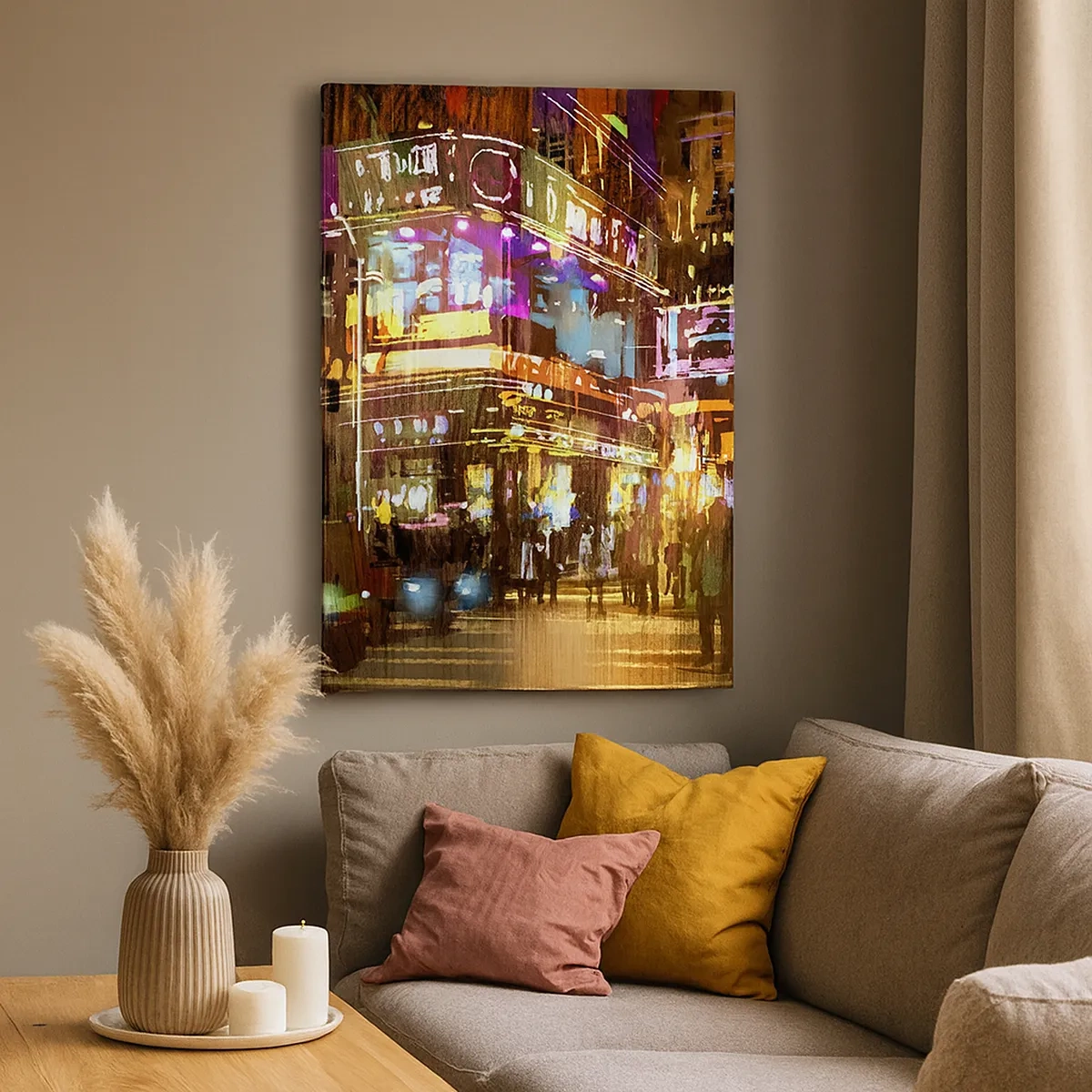 Bild auf Leinwand - Leinwandbild - Eine pulsierende Stadt bei Nacht im Neonlicht - 50x70cm - In einem Lichtermeer - Moderne Wanddekoration für Wohnzimmer und Schlafzimmer ARTTOR
