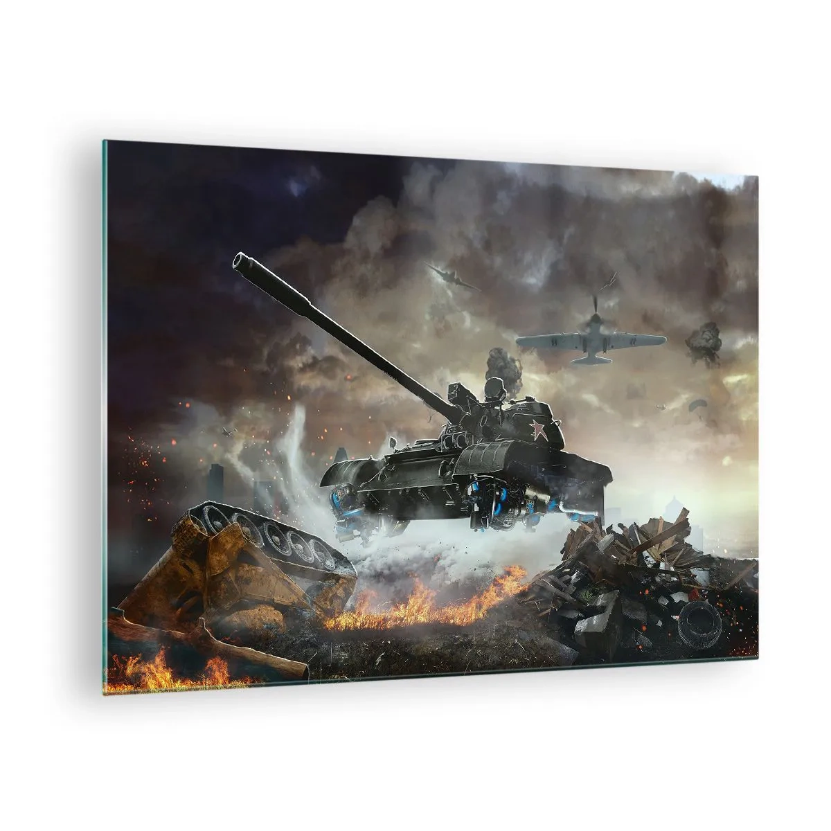Glasbild - Bild auf glas - Ein Panzer im Einsatz vor der Kulisse eines dramatischen Schlachtfeldes. - 70x50cm - Der Kampf ist schrecklich und schön - Moderne Wanddekoration für Wohnzimmer und Schlafzimmer ARTTOR