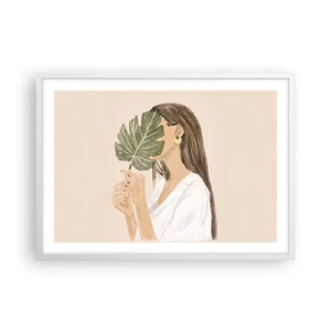 Poster in einem weißen Rahmen - Geheimnisvolles Porträt mit Fächer - 70x50 cm