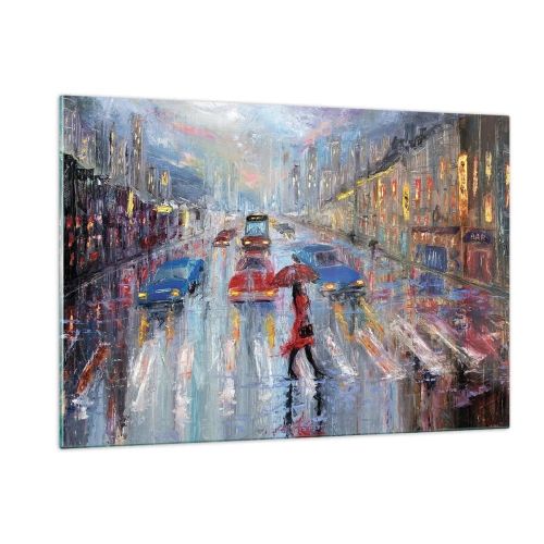 Glasbild - Bild auf glas - Stadtszene bei Nacht mit Regen und bunten Lichtern - 120x80cm - Regnerischer Nachmittag in der Stadt - Moderne Wanddekoration für Wohnzimmer und Schlafzimmer ARTTOR