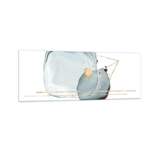 Glasbild - Bild auf glas - Abstrakte Formen in Blau- und Goldtönen auf weißem Hintergrund - 140x50cm - Eine Studie über Tropfen - Moderne Wanddekoration für Wohnzimmer und Schlafzimmer ARTTOR