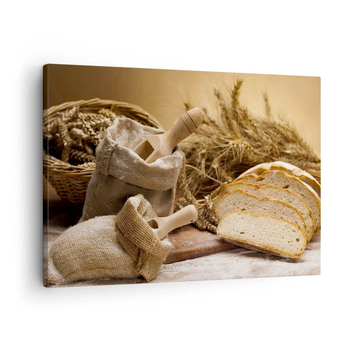 Bild auf Leinwand - Leinwandbild - Eine Landschaft mit Brot, Mehl und Ähren im rustikalen Stil. - 70x50cm - Wie mit einem Messer geschnitten - Moderne Wanddekoration für Wohnzimmer und Schlafzimmer ARTTOR