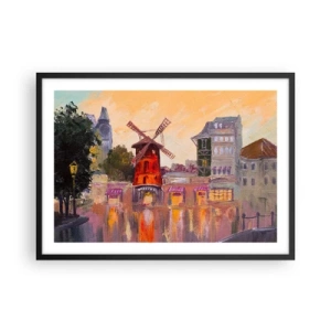 Poster in einem schwarzem Rahmen - Die rote Windmühle des Moulin Rouge, umgeben von der Stadtlandschaft - 70x50cm - Pariser Ikonen – Moulin Rouge - Moderne Wanddekoration für Wohnzimmer und Schlafzimmer ARTTOR