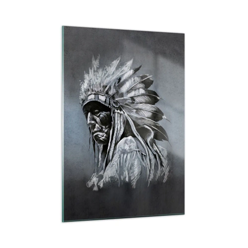 Glasbild - Bild auf glas - Porträt eines Mannes mit Federkopfschmuck vor dunkelgrauem Hintergrund - 50x70cm - Zurück zu den Wurzeln - Moderne Wanddekoration für Wohnzimmer und Schlafzimmer ARTTOR
