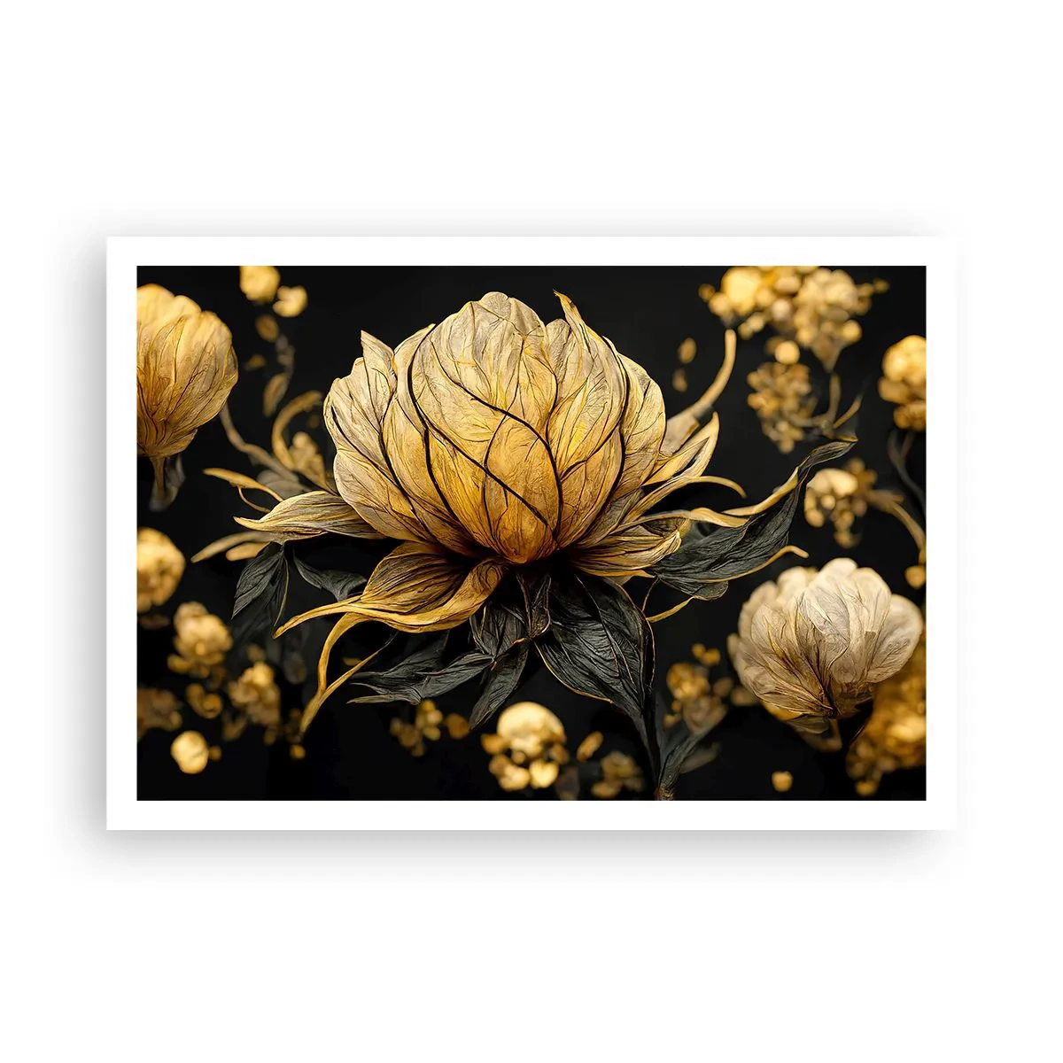 Poster - Goldene Blume auf dunklem Hintergrund - 100x70cm - Subtile Zerbrechlichkeit - Moderne Wanddekoration für Wohnzimmer und Schlafzimmer ARTTOR