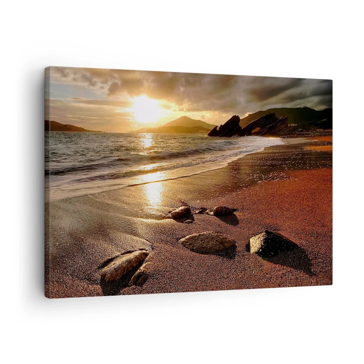 Bild auf Leinwand - Leinwandbild - Strand bei Sonnenuntergang mit Steinen am Ufer - 70x50cm - Folge der Sonne zu den Hügeln - Moderne Wanddekoration für Wohnzimmer und Schlafzimmer ARTTOR