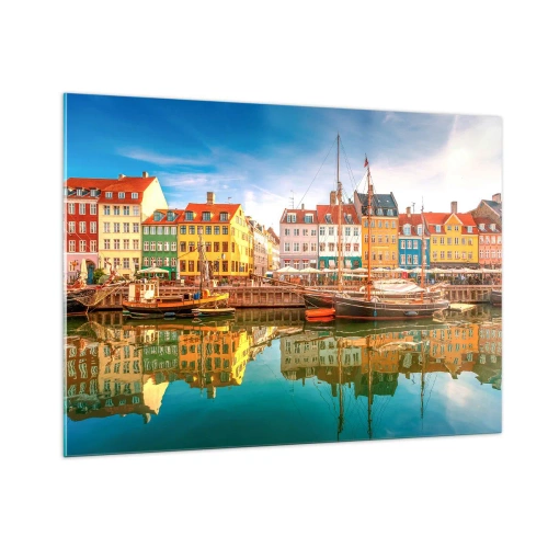 Glasbild - Bild auf glas - Bunte Häuser am Kanal mit Spiegelungen im Wasser - 100x70cm - Glatt wie ein Spiegel über dem Wasser - Moderne Wanddekoration für Wohnzimmer und Schlafzimmer ARTTOR