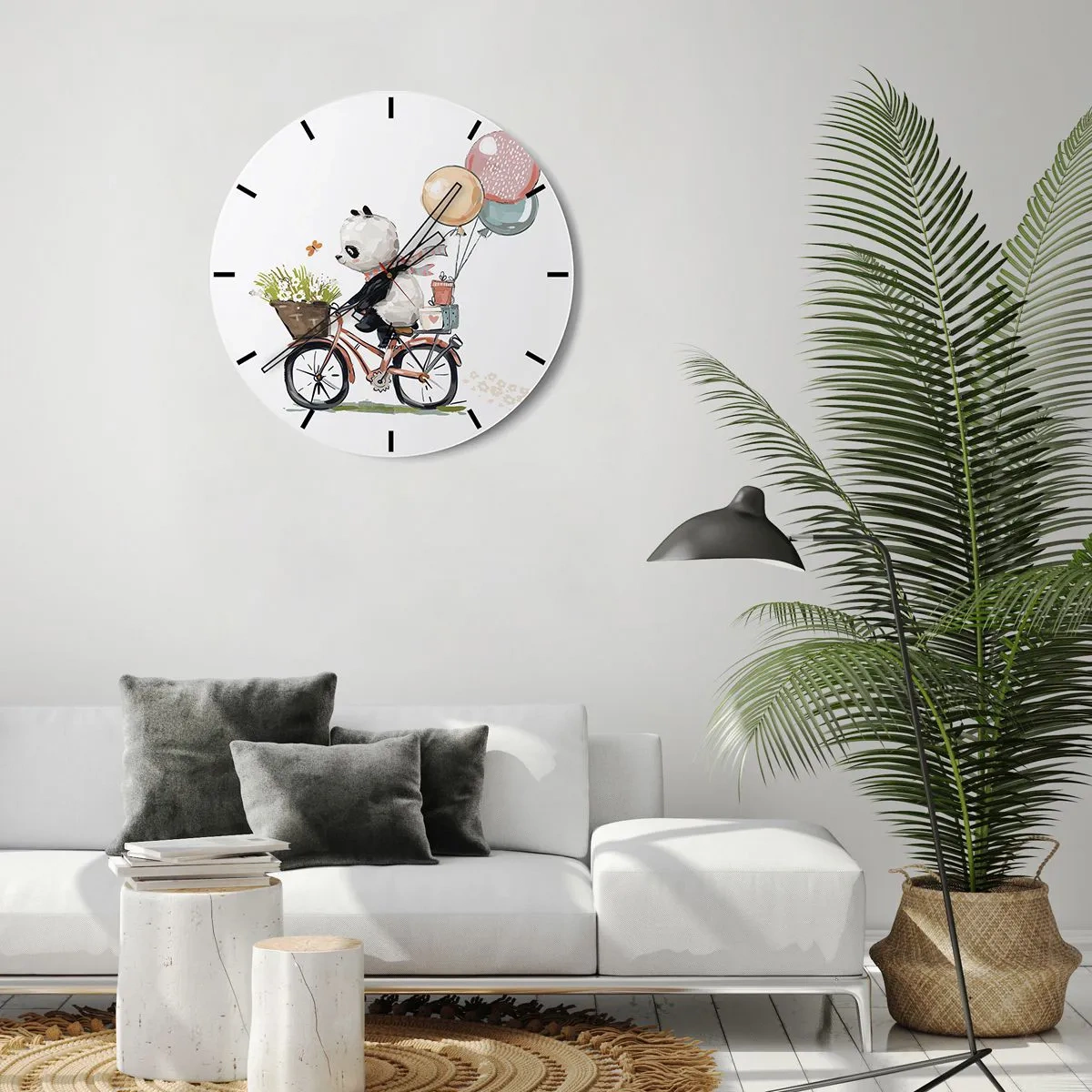 Wanduhr - Glasuhr - Panda auf einem Fahrrad mit Luftballons und einem Korb voller Blumen - 30x30cm - Glücklicher Tag - Moderne Wanddekoration für Wohnzimmer, Küche und Schlafzimmer ARTTOR