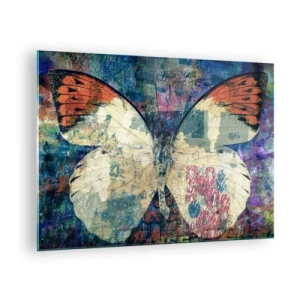 Glasbild - Bild auf glas - Ein bunter Schmetterling auf einem abstrakten Hintergrund in Blau- und Orangetönen. - 70x50cm - Subtile Zerbrechlichkeit - Moderne Wanddekoration für Wohnzimmer und Schlafzimmer ARTTOR
