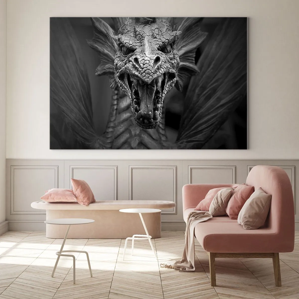 Glasbild - Bild auf glas - Detailliertes Porträt eines Drachen in Schwarzweiß - 120x80cm - Ein märchenhafter Drache in Grau - Moderne Wanddekoration für Wohnzimmer und Schlafzimmer ARTTOR