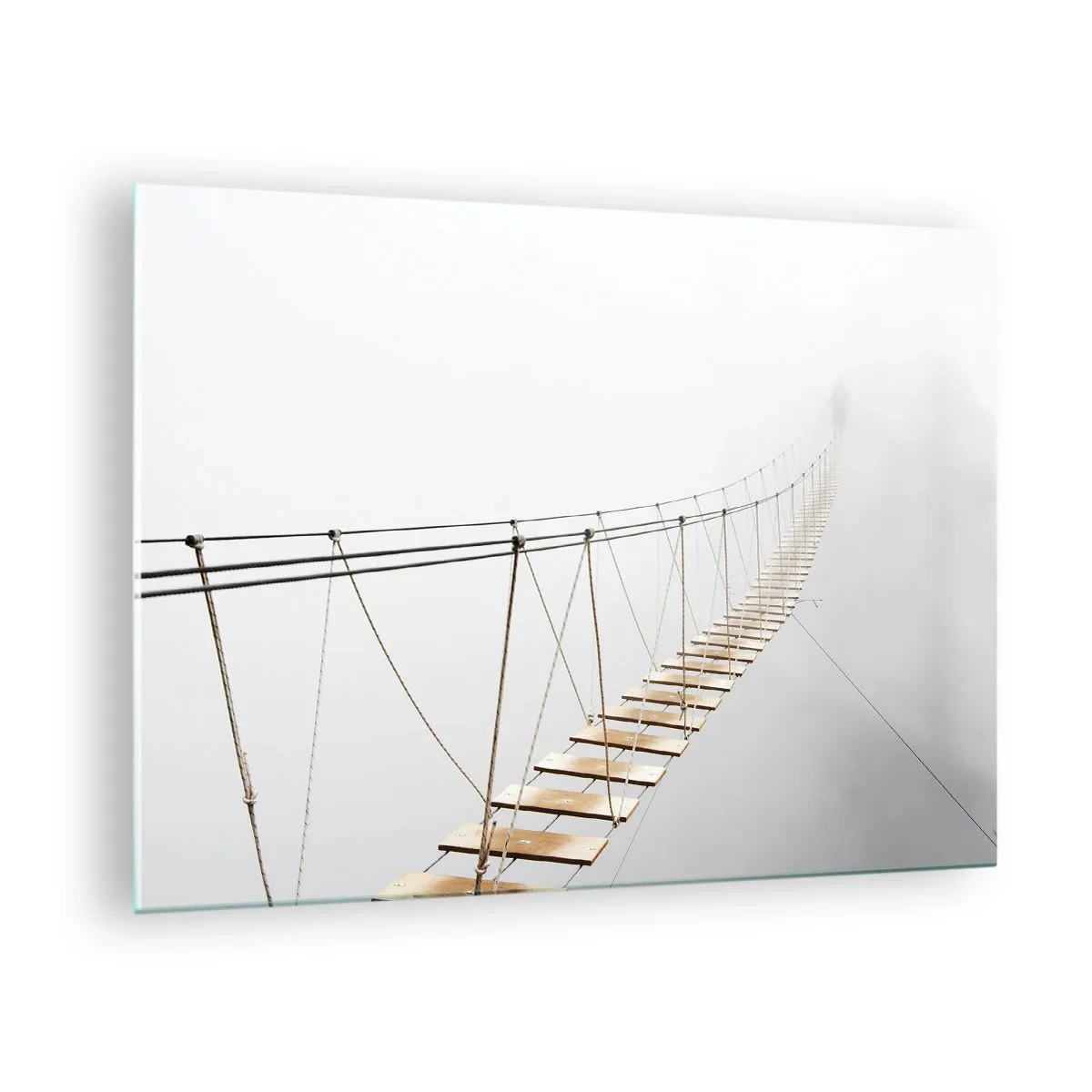 Glasbild - Bild auf glas - Eine Hängebrücke im Nebel, die ins Ungewisse führt - 70x50cm - Wohin wird es dich führen? - Moderne Wanddekoration für Wohnzimmer und Schlafzimmer ARTTOR