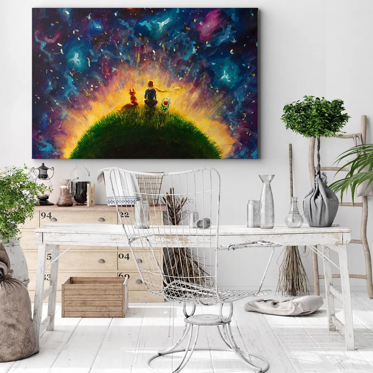 Bild auf Leinwand - Leinwandbild - Figuren auf einem grünen Hügel, umgeben von einem Sternenhimmel - 120x80cm - Liebe und Freundschaft - die ganze Welt - Moderne Wanddekoration für Wohnzimmer und Schlafzimmer ARTTOR