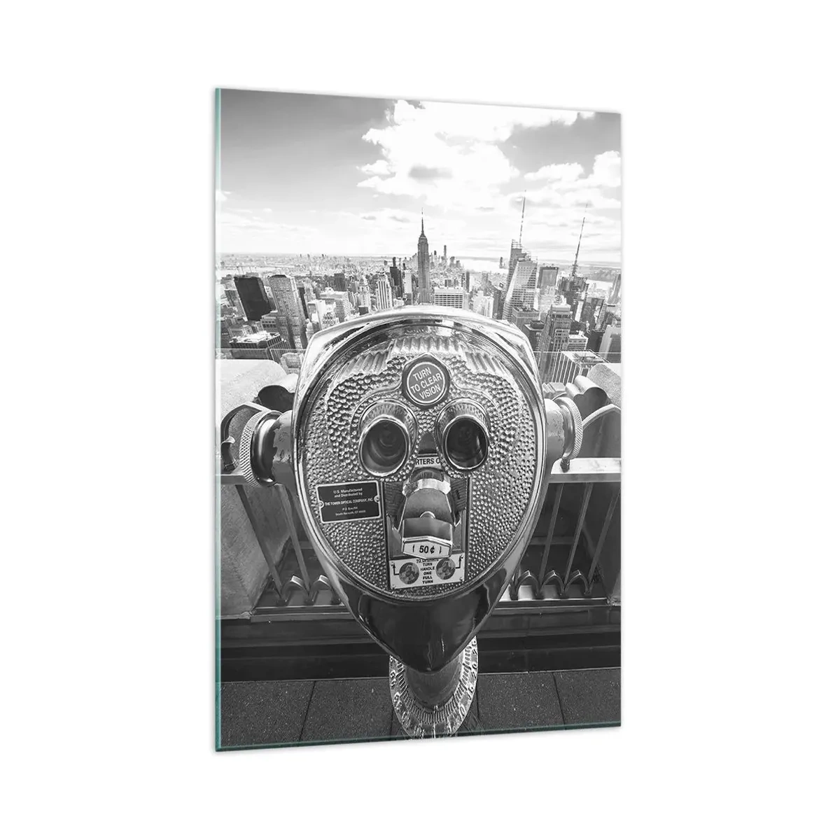 Glasbild - Bild auf glas - Monochromer Blick durch das Teleskop auf das Stadtpanorama - 80x120cm - Stadt über den Städten - Moderne Wanddekoration für Wohnzimmer und Schlafzimmer ARTTOR