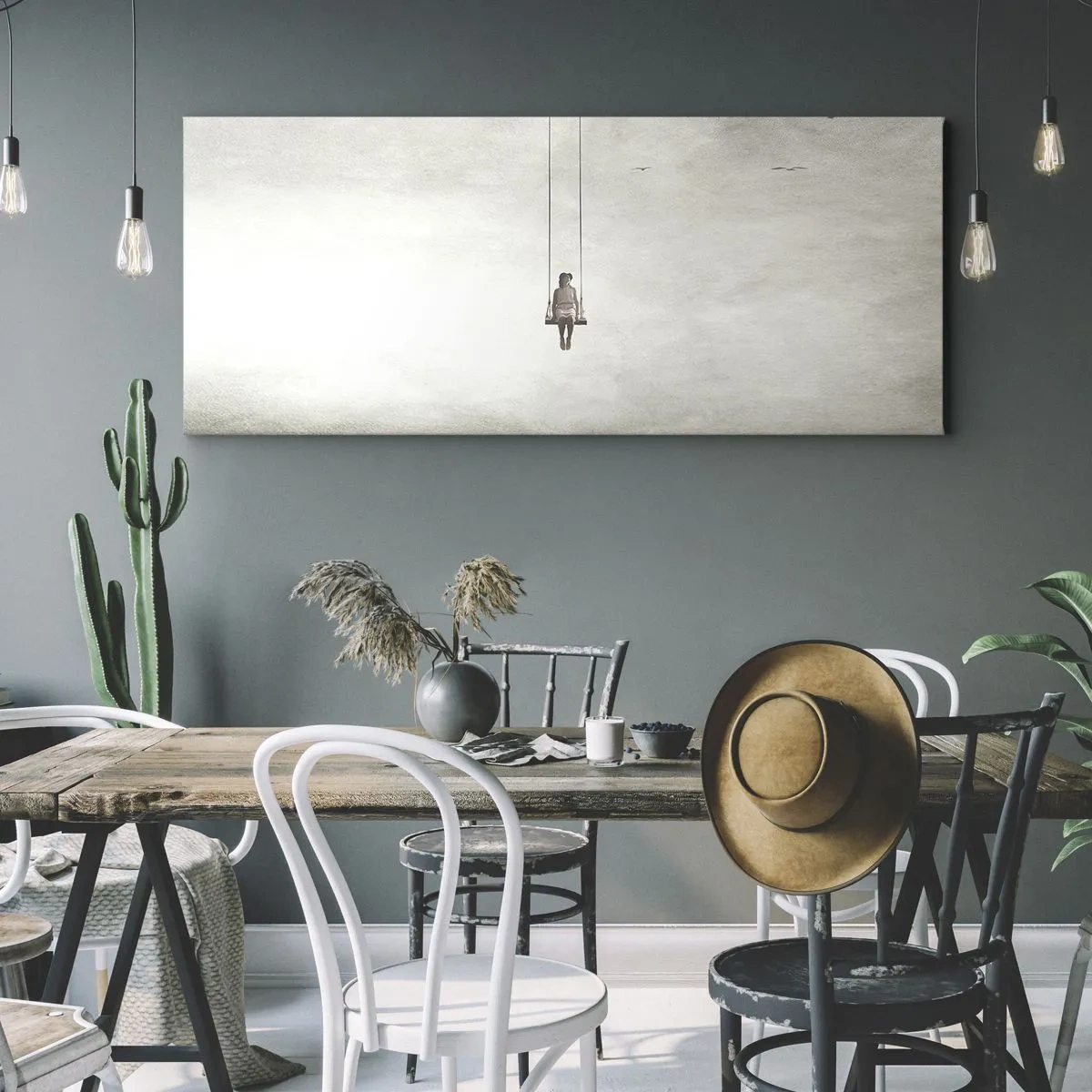 Bild auf Leinwand - Leinwandbild - Eine Figur auf einer Schaukel, die im Raum schwebt - 140x50cm - Ein Kind in uns - Moderne Wanddekoration für Wohnzimmer und Schlafzimmer ARTTOR