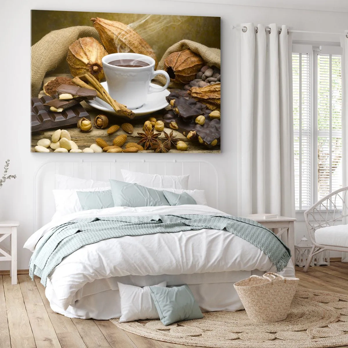 Bild auf Leinwand - Leinwandbild - Eine Tasse heiße Schokolade, umgeben von Kakao und Zimt - 100x70cm - Für Nervenkitzel-Suchende - Moderne Wanddekoration für Wohnzimmer und Schlafzimmer ARTTOR