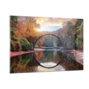 Glasbild - Bild auf glas - Eine Steinbrücke spiegelt sich in einem See inmitten eines herbstlichen Waldes - 120x80cm - Auf der anderen Seite des Spiegels - Moderne Wanddekoration für Wohnzimmer und Schlafzimmer ARTTOR