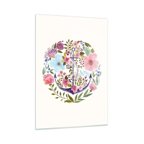 Glasbild - Bild auf glas - Ein Anker, umgeben von bunten Aquarellblumen - 50x70cm - Guter Traum eines Seemanns - Moderne Wanddekoration für Wohnzimmer und Schlafzimmer ARTTOR