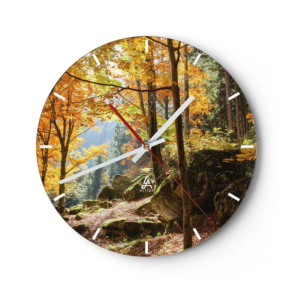 Wanduhr - Glasuhr - Herbstwald mit Sonnenstrahlen - 30x30cm - Zeit zum Entspannen - Moderne Wanddekoration für Wohnzimmer, Küche und Schlafzimmer ARTTOR