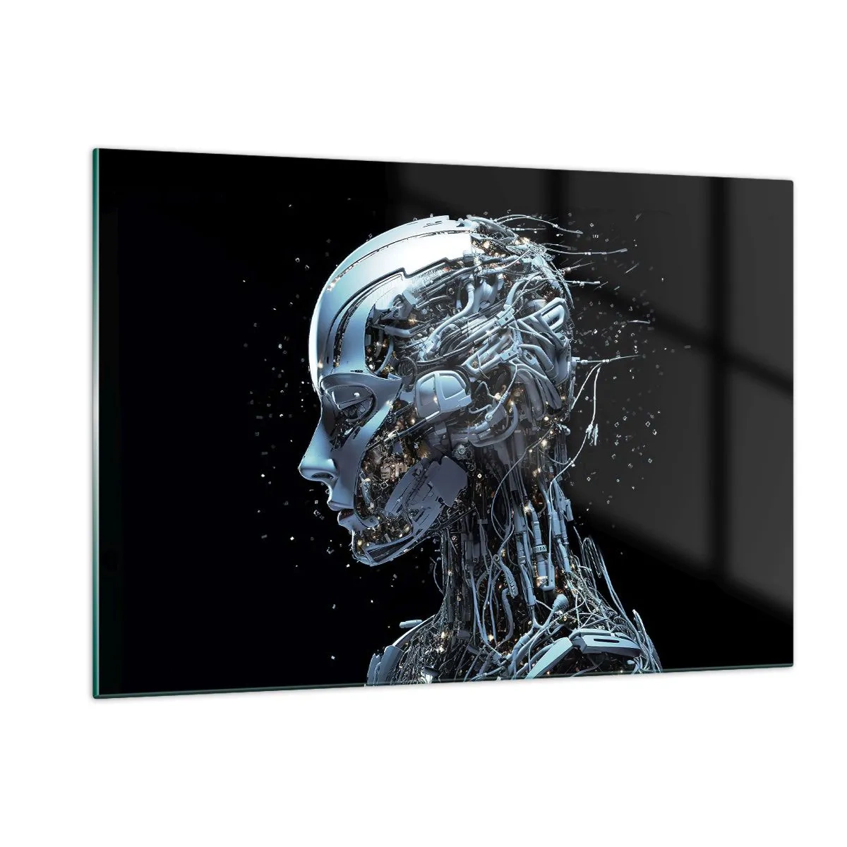 Glasbild - Bild auf glas - Profil eines weiblichen Roboters mit Drähten und Mechanismen - 120x80cm - Technologie ist eine Frau - Moderne Wanddekoration für Wohnzimmer und Schlafzimmer ARTTOR