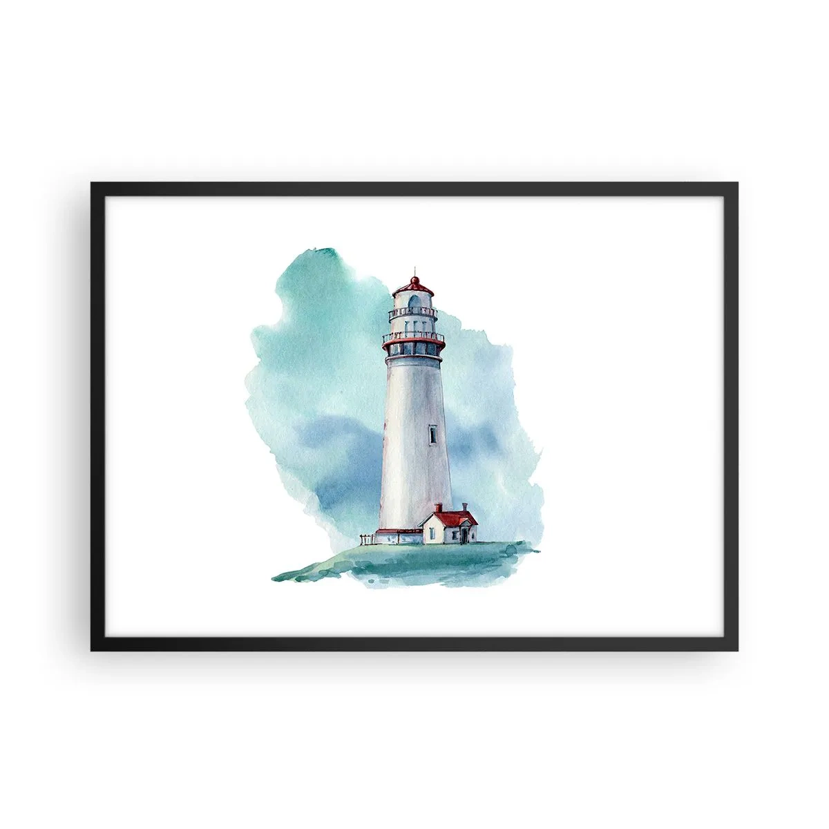 Poster in einem schwarzem Rahmen - Ein Leuchtturm vor einem aquarellblauen Hintergrund - 70x50cm - Sanfte Schwester vom Blau - Moderne Wanddekoration für Wohnzimmer und Schlafzimmer ARTTOR