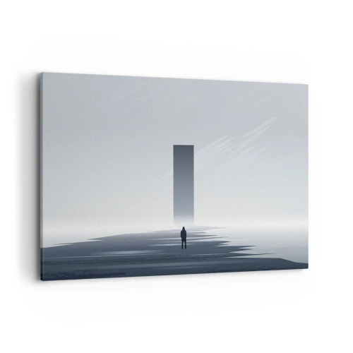 Bild auf Leinwand - Leinwandbild - Eine minimalistische Landschaft mit einer Silhouette neben einem rechteckigen Monolithen - 120x80cm - Chance oder Bedrohung? - Moderne Wanddekoration für Wohnzimmer und Schlafzimmer ARTTOR