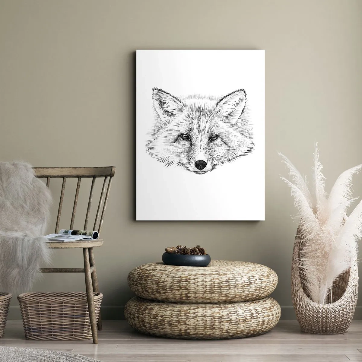 Bild auf Leinwand - Leinwandbild - Schwarz-weiße Zeichnung eines Fuchskopfes auf weißem Hintergrund - 50x70cm - Können diese Augen lügen? - Moderne Wanddekoration für Wohnzimmer und Schlafzimmer ARTTOR