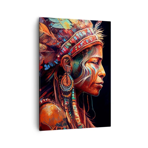 Bild auf Leinwand - Leinwandbild - Eine farbenfrohe Figur im Ethno-Stil mit einer Tasse dampfenden Getränks - 50x70cm - Magisches Ritual - Moderne Wanddekoration für Wohnzimmer und Schlafzimmer ARTTOR