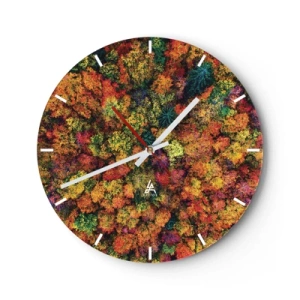 Wanduhr - Glasuhr - Ein herbstlicher Wald aus der Vogelperspektive in intensiven Farben - 30x30cm - Blumenstrauß aus Herbstbäumen - Moderne Wanddekoration für Wohnzimmer, Küche und Schlafzimmer ARTTOR