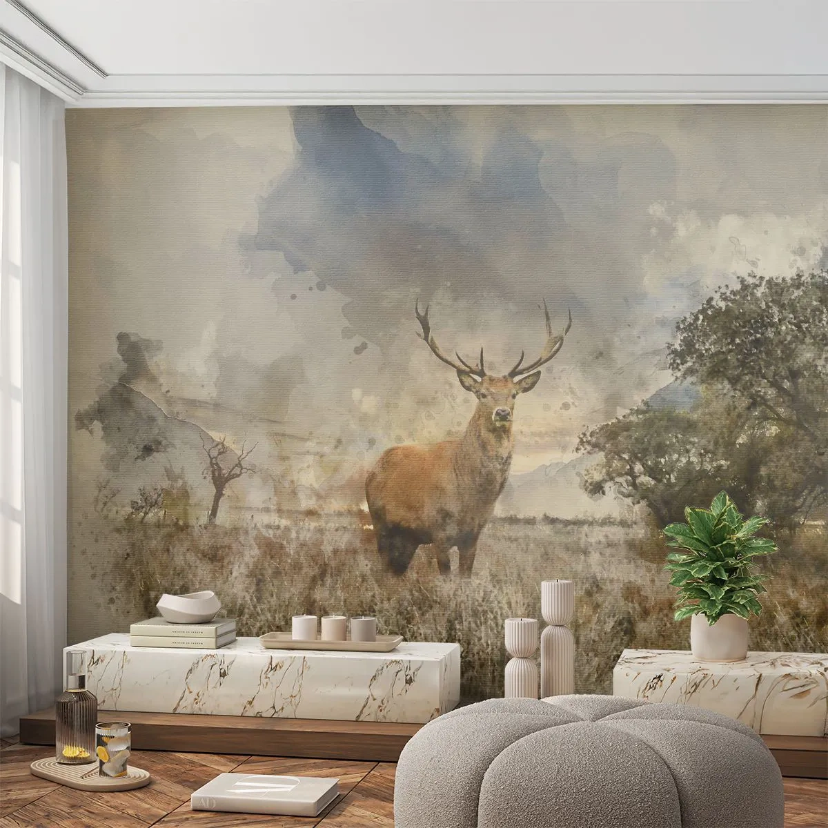 Fototapete Premium Sand - Ein stattlicher Hirsch auf einer Wiese im künstlerischen Aquarellstil - 100x70cm - Würde – Stärke – Würde - Moderne Wanddekoration für Wohnzimmer und Schlafzimmer ARTTOR